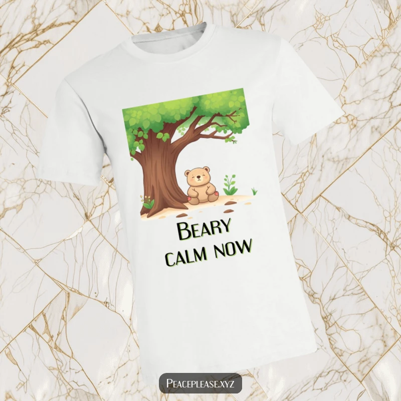 Funny T-Shirt with a meditating bear finding zen under a large tree, blending nature's peace with a humorous vibe.