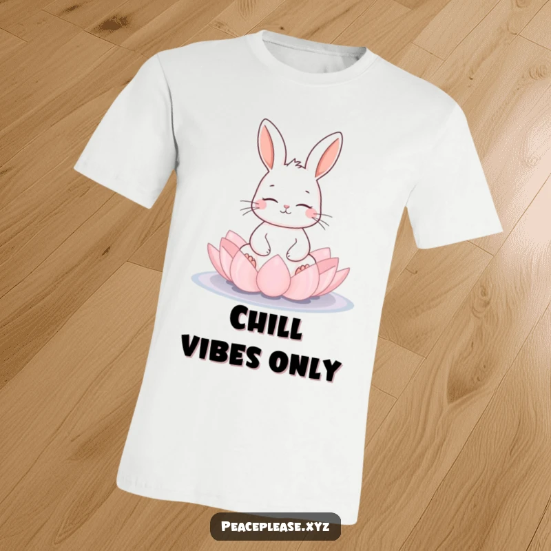 Funny rabbit in deep meditation, eyes closed on a lotus flower, on a t-shirt, conveying serenity and humor, ideal funny gift.