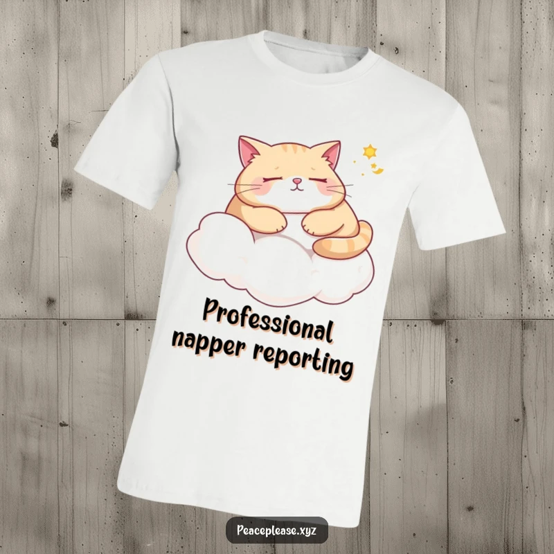 Funny cat t-shirt featuring a plump, napping cat on a cloud, dreaming of sunshine, ideal for comfort and humor lovers.
