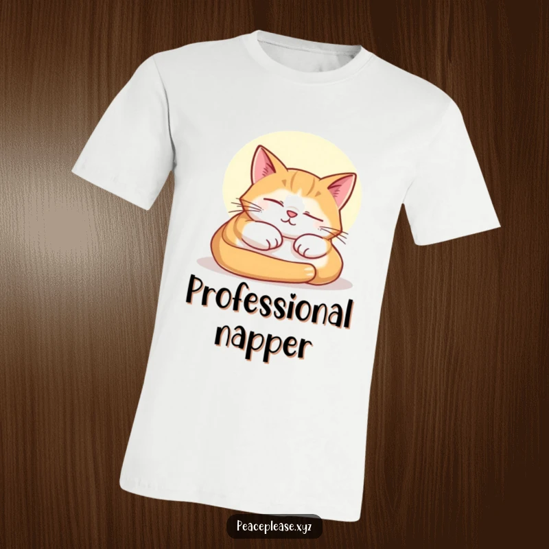 Funny t-shirt featuring a supremely contented cat peacefully napping in a cozy, sunlit beam.