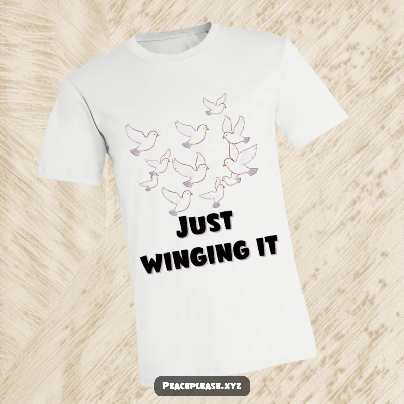 Funny t-shirt with a depiction of a graceful flock of doves flying in perfect, peaceful formation, radiating tranquility.