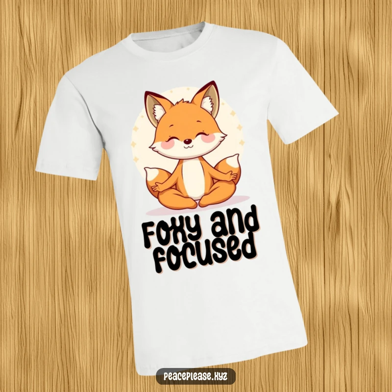Funny t-shirt depicting a smiling fox meditating deeply in a lotus pose, surrounded by a tranquil, serene aura. A humorous, peaceful gift.
