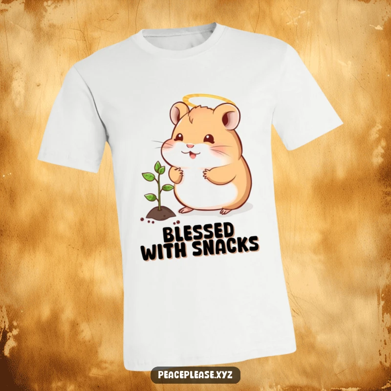 Funny t-shirt featuring a contented hamster with a halo, offering a small sprout to a seedling, representing kindness and purity.