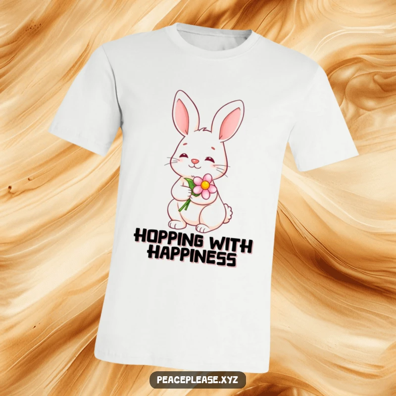 Funny T-Shirt depicting a serene bunny holding a blooming flower with a calm smile, radiating peace and happiness.