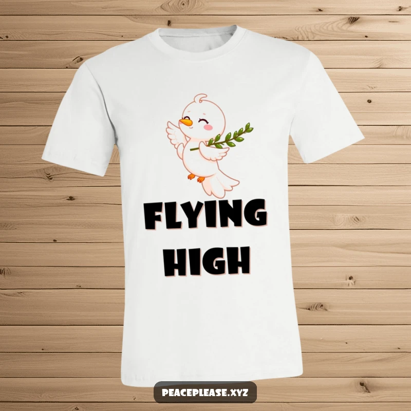 Funny dove with a smiling face, holding an olive branch, flying through clouds on a t-shirt, conveying peace and humor, ideal gift.