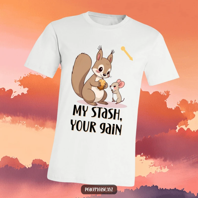 Funny t-shirt graphic of a curious squirrel extending a nut to a small, trusting mouse, symbolizing kindness and connection.