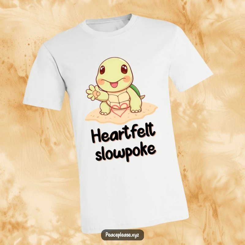 Funny t-shirt featuring a happy turtle paw drawing a heart symbol in the sand, celebrating love and the coast.