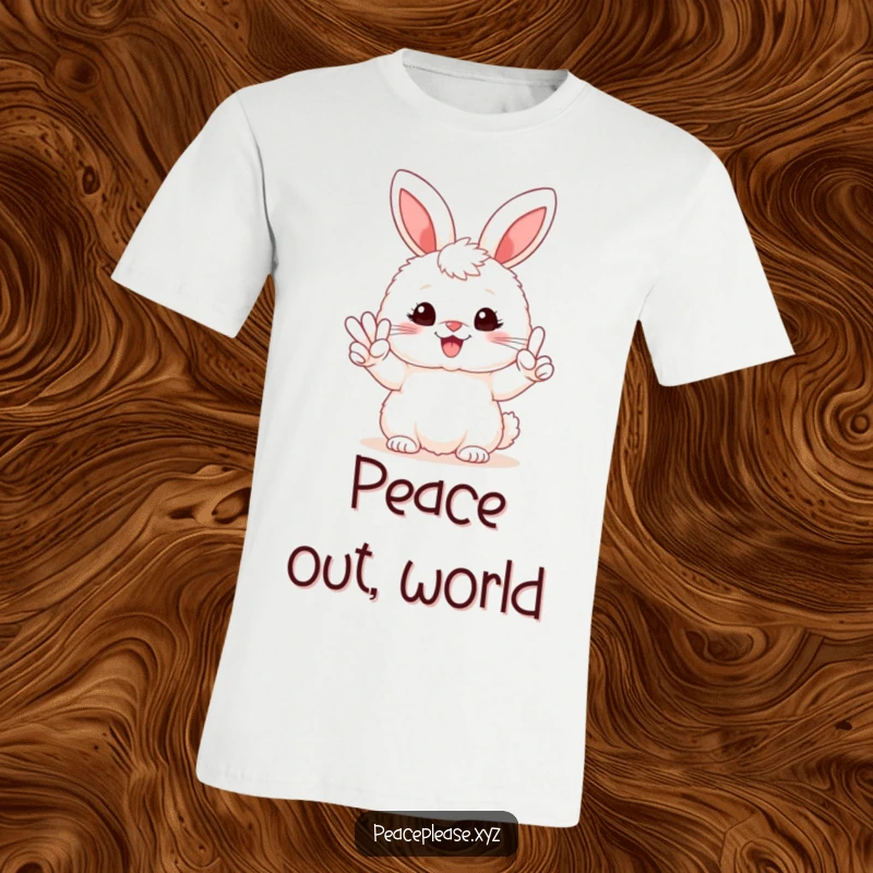 Funny t-shirt with a smiling fluffy bunny holding a peace sign, embodying a relaxed and joyful attitude.