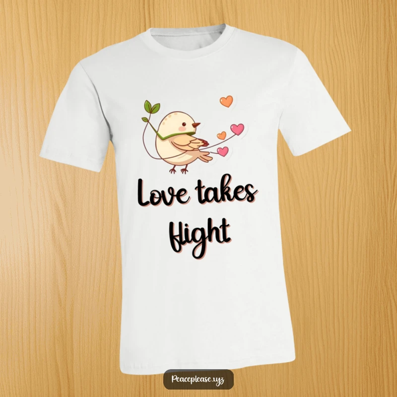 Funny tiny bird with a leaf cape flying with a string of hearts on a t-shirt, representing love, heroism, and joyful flight.