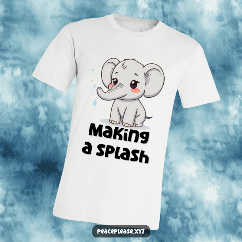 Funny t-shirt showcasing a cute elephant character playfully spraying a fine mist of sparkling water. A humorous apparel gift.