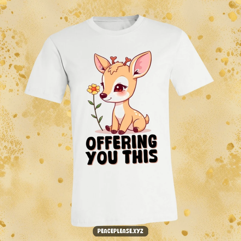 T-shirt featuring a kind deer offering a flower with a soft, compassionate gaze, embodying gentle nature.