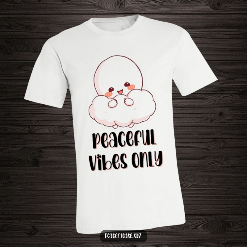 Funny T-Shirt with a resolved, smiling character embracing a fluffy cloud that resembles a peace symbol.