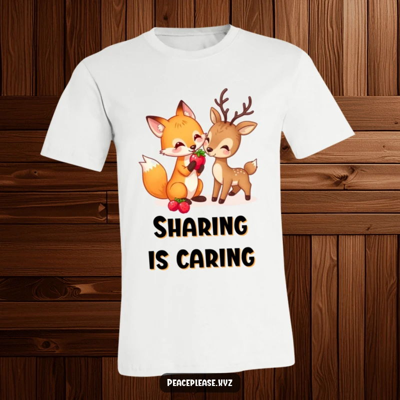 Funny t-shirt depicting a playful fox sharing a berry with a gentle deer, celebrating woodland camaraderie.