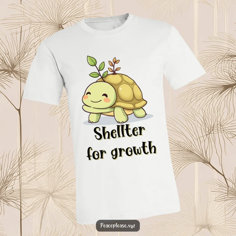 Funny t-shirt graphic of a smiling turtle carrying a small, vibrant seedling on its shell, representing perseverance.