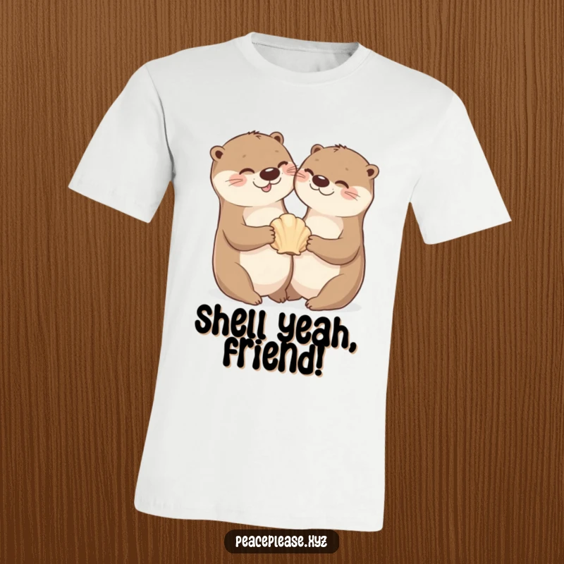 T-shirt featuring a cheerful otter sharing a seashell, promoting friendship and playful aquatic moments.
