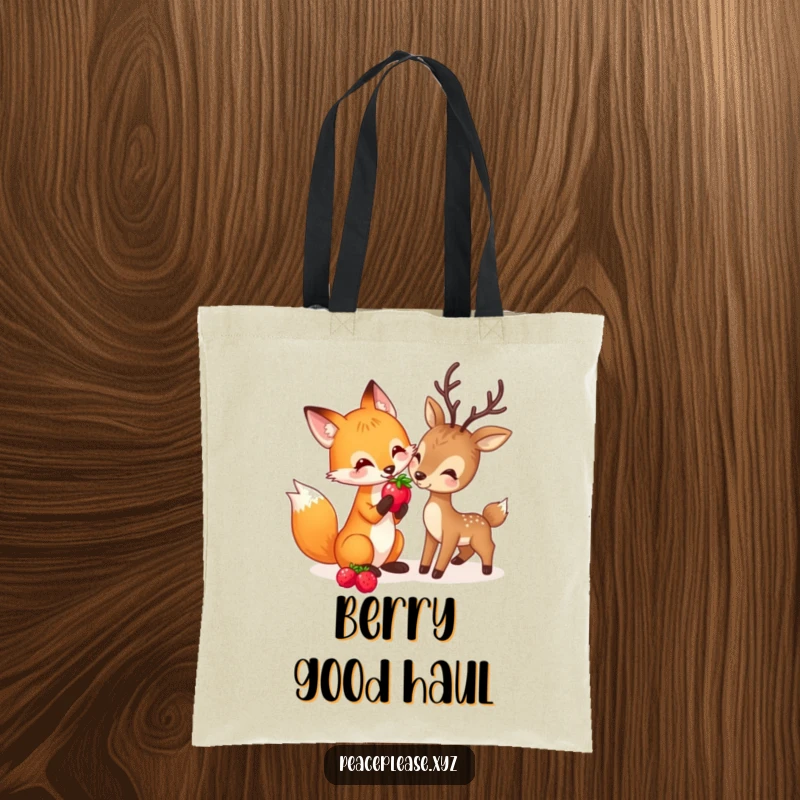 Funny tote bag illustrating a playful fox sharing a berry with a gentle deer, celebrating woodland friendship.