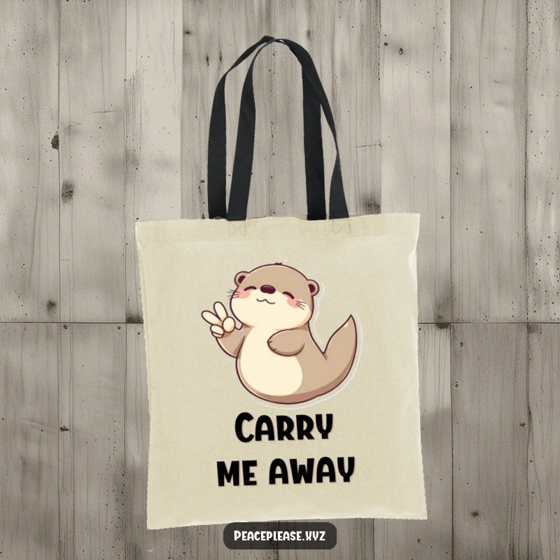 Funny Otter tote bag showing a serene otter floating on its back with a peace sign, a humorous and stylish carry-all.