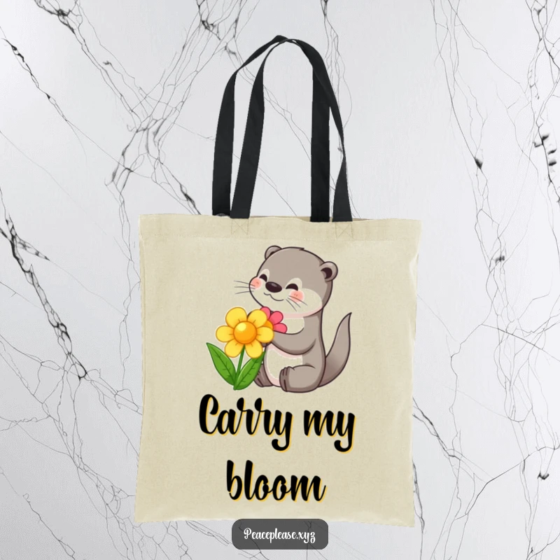 Funny tote bag showcasing a cheerful otter sharing a vibrant flower, perfect for carrying groceries or daily items.