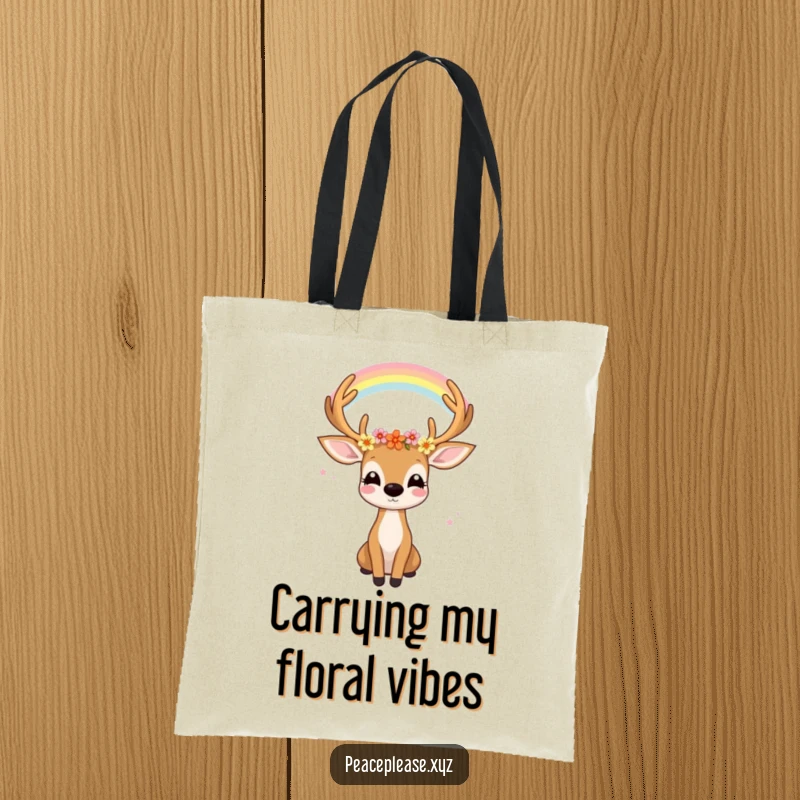Funny tote bag print of a joyful deer with flowers in its antlers gazing serenely at a rainbow, perfect for daily use.