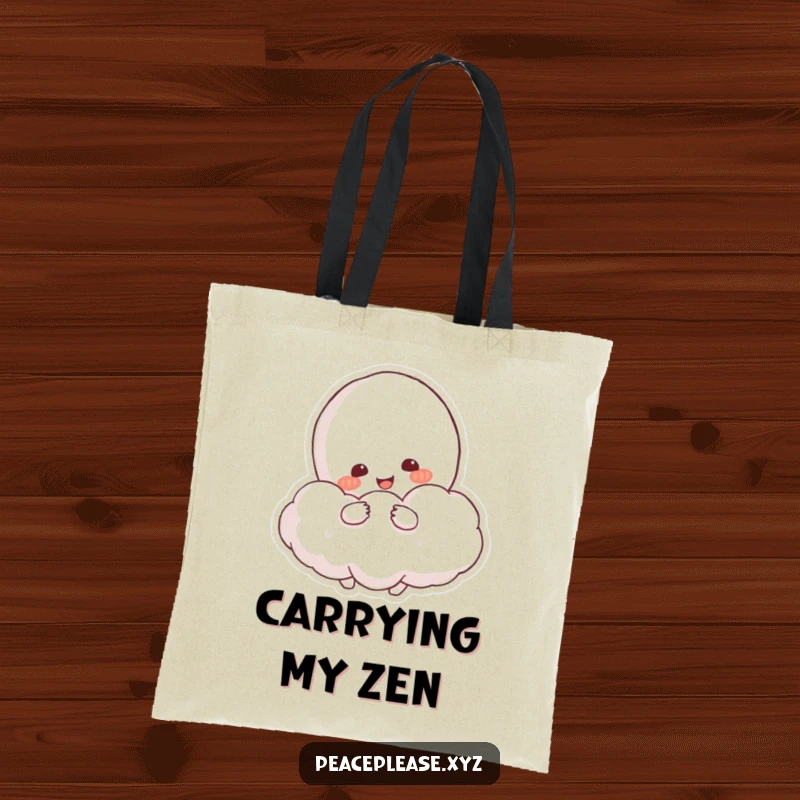 Funny Tote Bag with a resolved character hugging a fluffy cloud resembling a peace symbol.