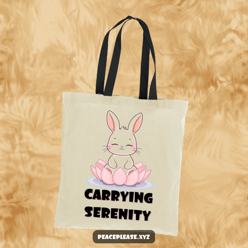 Funny rabbit meditating on a lotus flower pad on a tote bag, blending zen vibes with everyday utility, perfect funny gift.