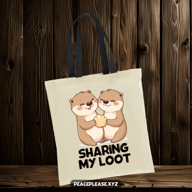 Tote bag featuring a cheerful otter sharing a seashell, perfect for carrying essentials with a touch of aquatic friendship.