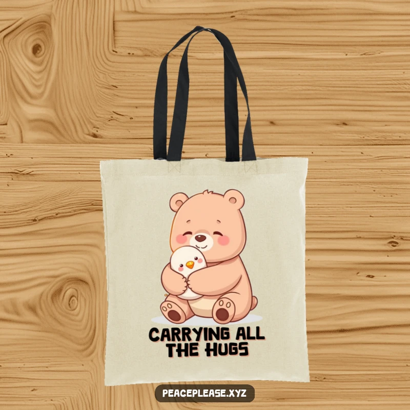 Funny tote bag with a large bear offering a loving hug to a small bird, illustrating adorable animal companionship.