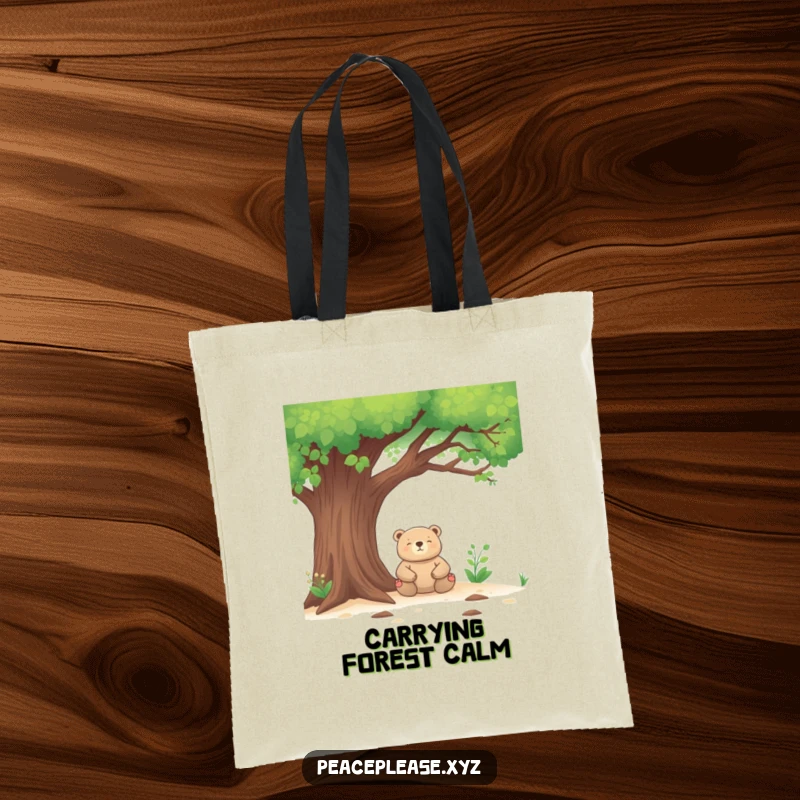 Funny Tote Bag with a meditating bear under a tree, perfect for carrying essentials with a side of peaceful humor.