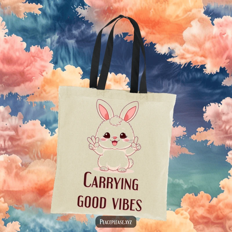 Funny tote bag featuring a fluffy bunny holding a peace sign and smiling, ideal for carrying joy and essentials.