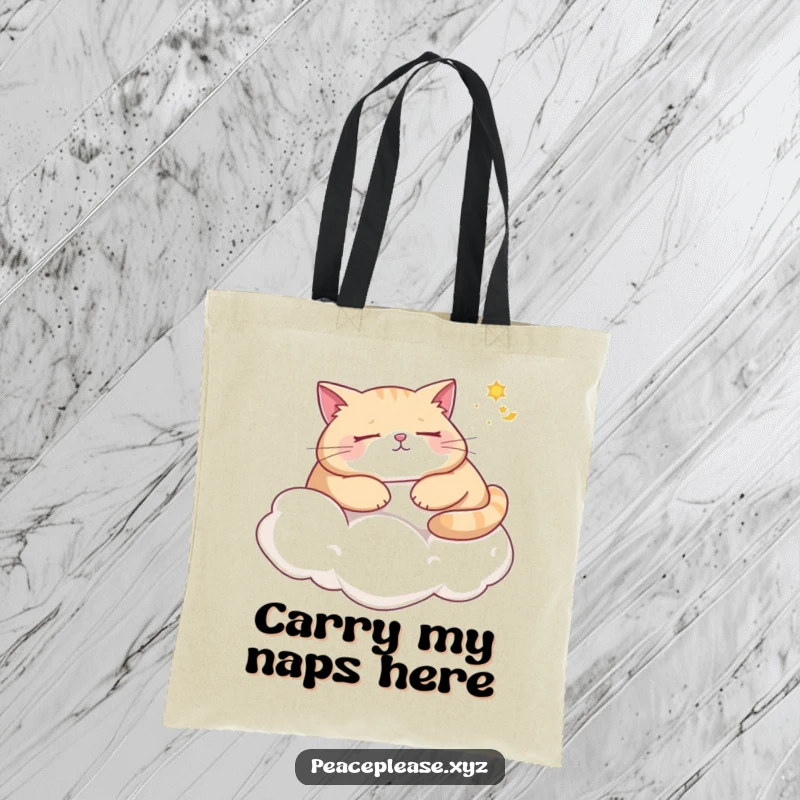Funny cat tote bag showcasing a plump cat napping on a cloud, dreaming of sunshine, ideal for shoppers who love humor.