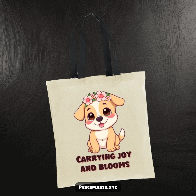 Funny Tote Bag with a playful dog wearing a flower crown and wagging its tail, perfect for carrying happy thoughts.