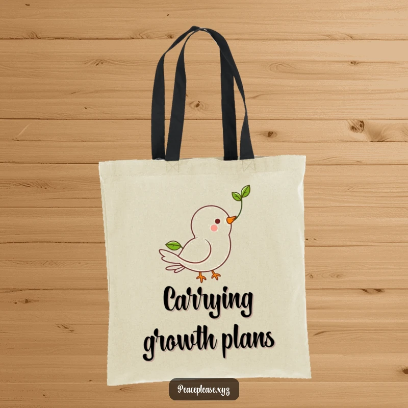 Funny Tote Bag with a happy dove character carrying a green sprout, representing hope and new beginnings.