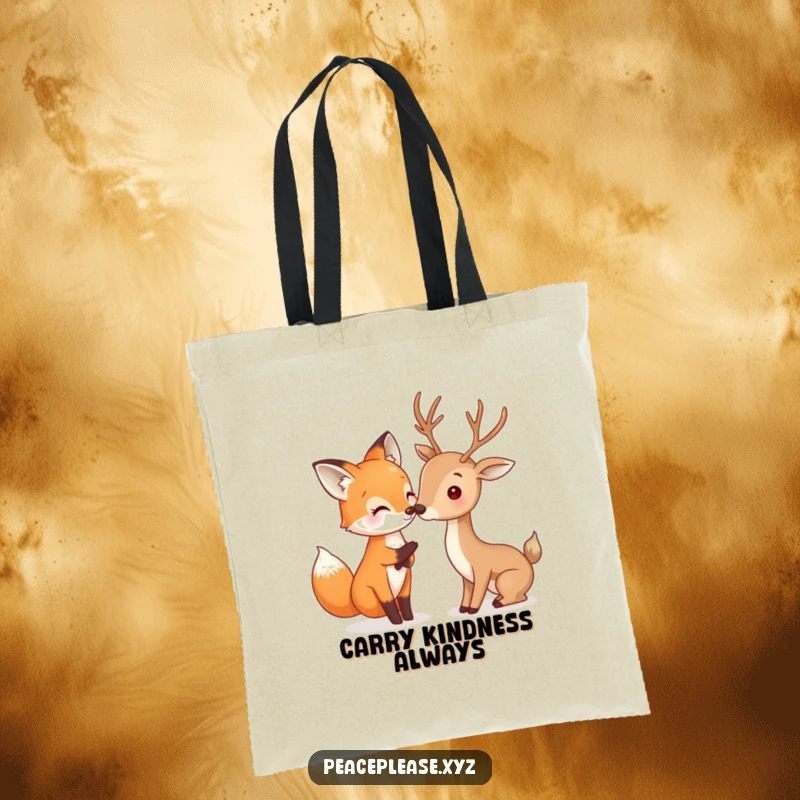 Funny Fox and Deer tote bag featuring a happy fox gently touching noses with a deer, a humorous and charming carry-all.