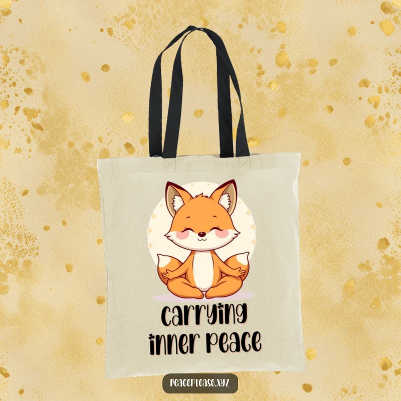 Funny tote bag showcasing a smiling fox meditating peacefully in lotus pose, radiating a serene aura. A humorous accessory for calm souls.