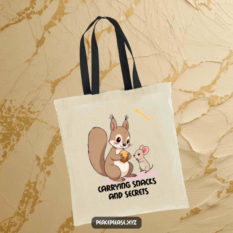 Funny tote bag print of a curious squirrel giving a nut to a tiny, trusting mouse, emphasizing friendship and generosity.
