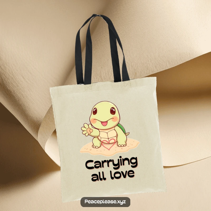 Funny tote bag with a happy turtle paw drawing a heart symbol in the sand, ideal for beach lovers and romantic gestures.