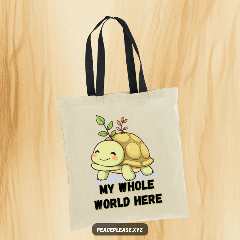 Funny tote bag print of a smiling turtle carrying a small, vibrant seedling on its shell, perfect for daily use.
