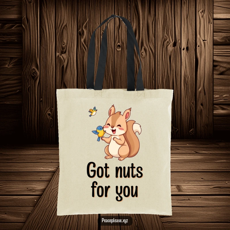 Funny Squirrel tote bag showing a joyful squirrel offering nuts to a passing bird, a humorous and practical carry-all.