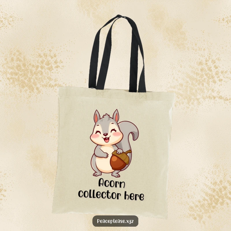 Tote bag featuring a happy squirrel offering a ripe acorn, perfect for carrying essentials with a touch of forest fun.