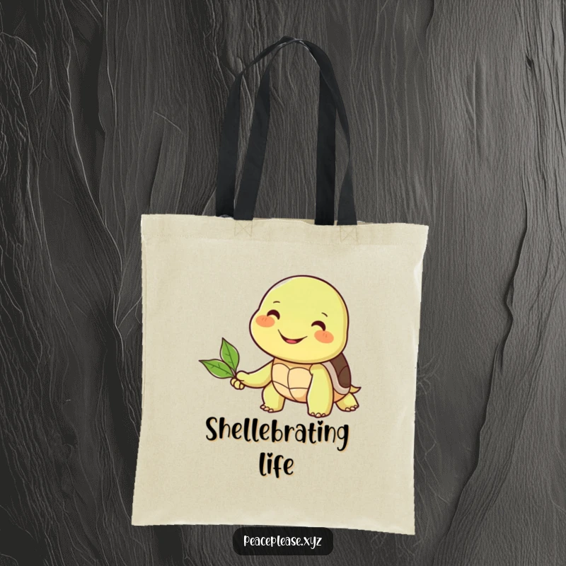 Funny tote bag showcasing a smiling turtle offering a leaf to a smiling friend, a symbol of connection and care.
